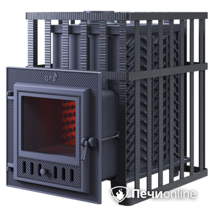 Дровяная банная печь Гефест ЗК в сетке-18 (М) чугунная дверца со стеклом, запатентованная каменка сетка в Иркутске